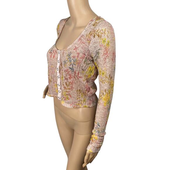 Free People Angelina Light Combo Pink Floral Sheer Lace Snap Top SZ M - Picture 9 of 14